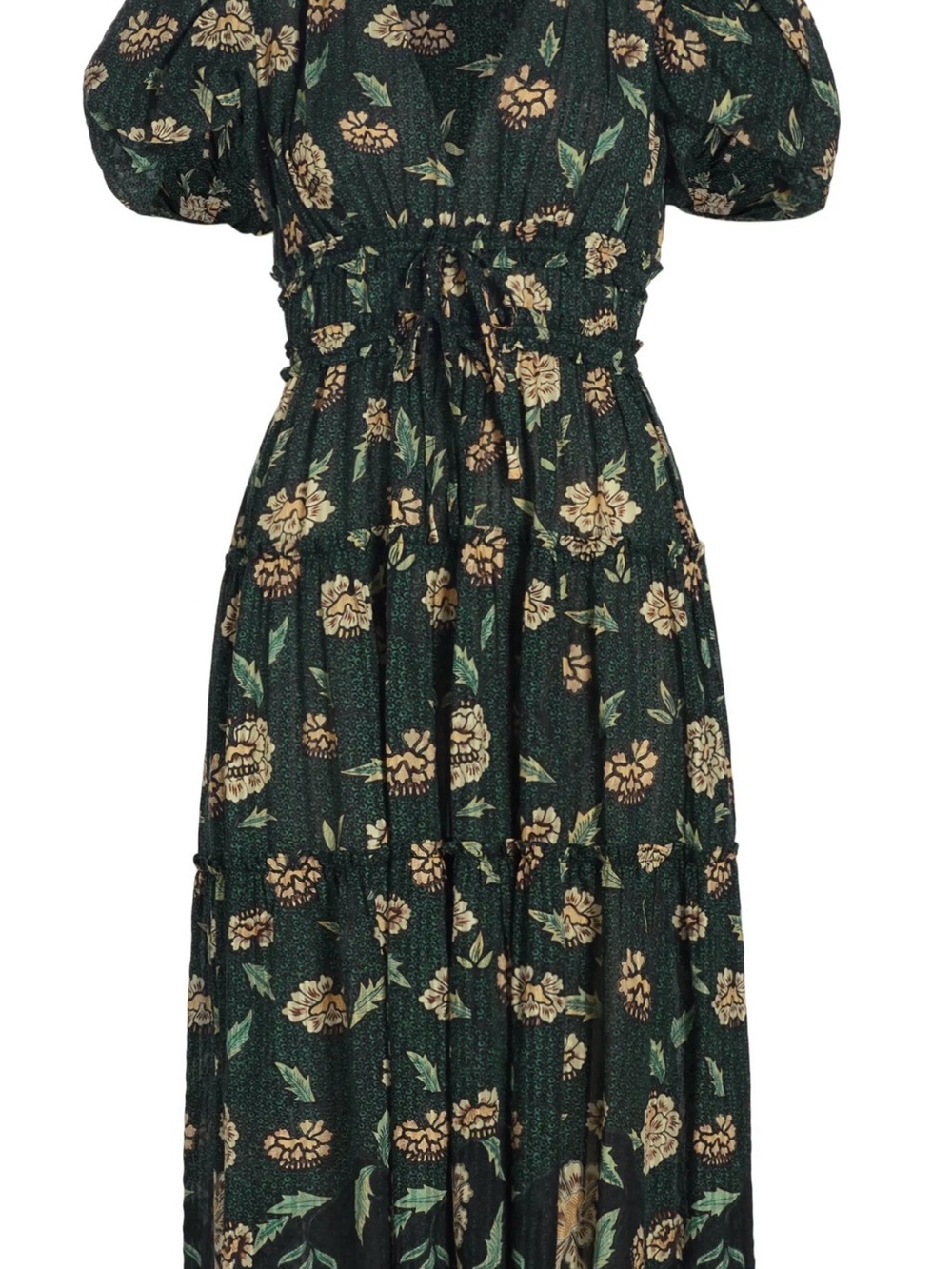 Ulla Johnson Dark Green Floral Tiered Midi Dress with Cream Blooms